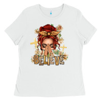 White Red Hair Believe Praying Caucasian Messy Bun Ladies Tee - texasbilliewilder