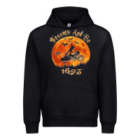 Black Halloween Witch On Motorcycle Cat & Moon Salem Witch Trials Premium Urban Hoodie - trangStudio