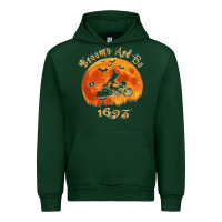 Forest Green Halloween Witch On Motorcycle Cat & Moon Salem Witch Trials Premium Urban Hoodie - trangStudio