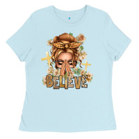 Baby Blue Blonde Hair Believe Praying Caucasian Messy Bun Ladies Tee - texasbilliewilder