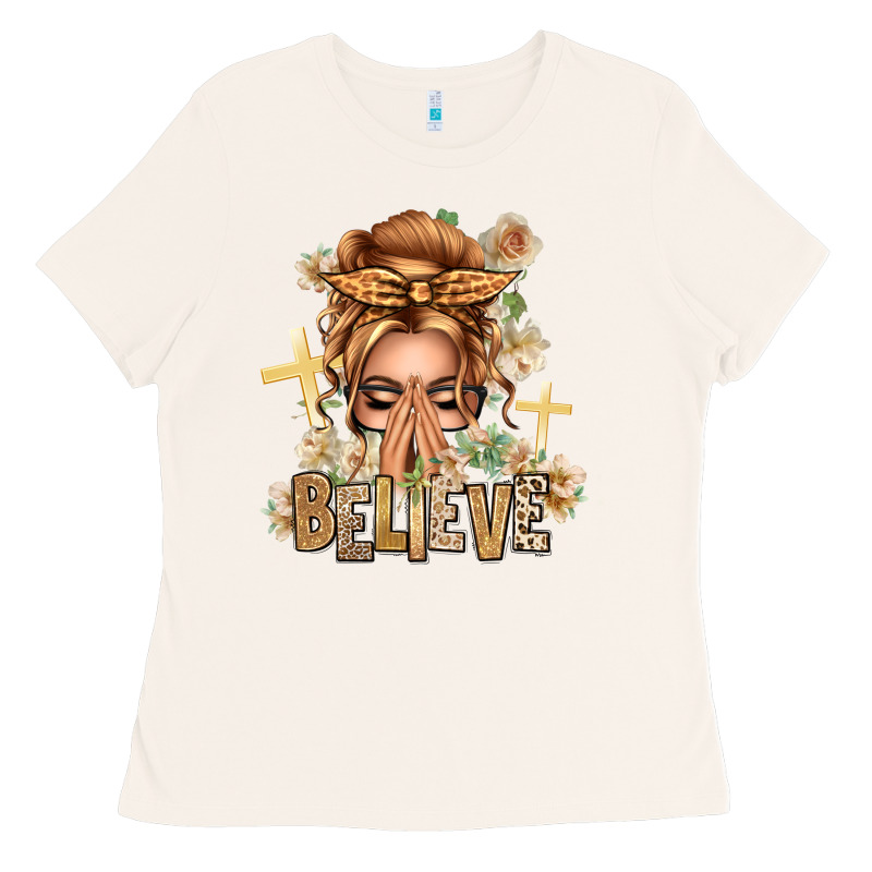 Blonde Hair Believe Praying Caucasian Messy Bun Ladies Tee by texasbilliewilder | Teevron