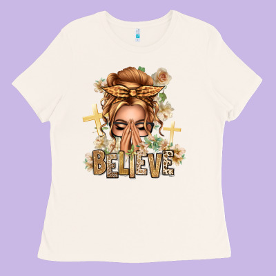 Blonde Hair Believe Praying Caucasian Messy Bun Ladies Tee Designed By Texasbilliewilder