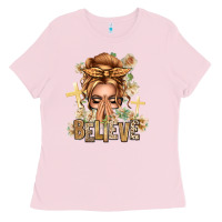 Bubblegum Pink Blonde Hair Believe Praying Caucasian Messy Bun Ladies Tee - texasbilliewilder