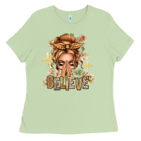 Matcha Blonde Hair Believe Praying Caucasian Messy Bun Ladies Tee - texasbilliewilder