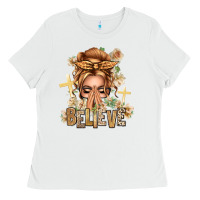 White Blonde Hair Believe Praying Caucasian Messy Bun Ladies Tee - texasbilliewilder