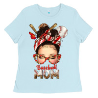 Baby Blue Baseball Mom Messy Bun Ladies Tee - texasbilliewilder