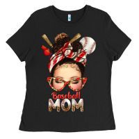 Black Baseball Mom Messy Bun Ladies Tee - texasbilliewilder