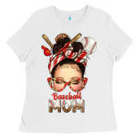 White Baseball Mom Messy Bun Ladies Tee - texasbilliewilder