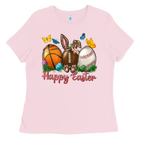 Bubblegum Pink Happy Easter sports with butterfly Ladies Tee - NancyCooperArtShop