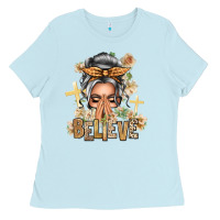 Baby Blue Silver White Believe Praying Caucasian Messy Bun Ladies Tee - texasbilliewilder