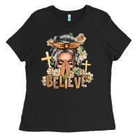 Black Silver White Believe Praying Caucasian Messy Bun Ladies Tee - texasbilliewilder