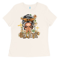 Bone Silver White Believe Praying Caucasian Messy Bun Ladies Tee - texasbilliewilder