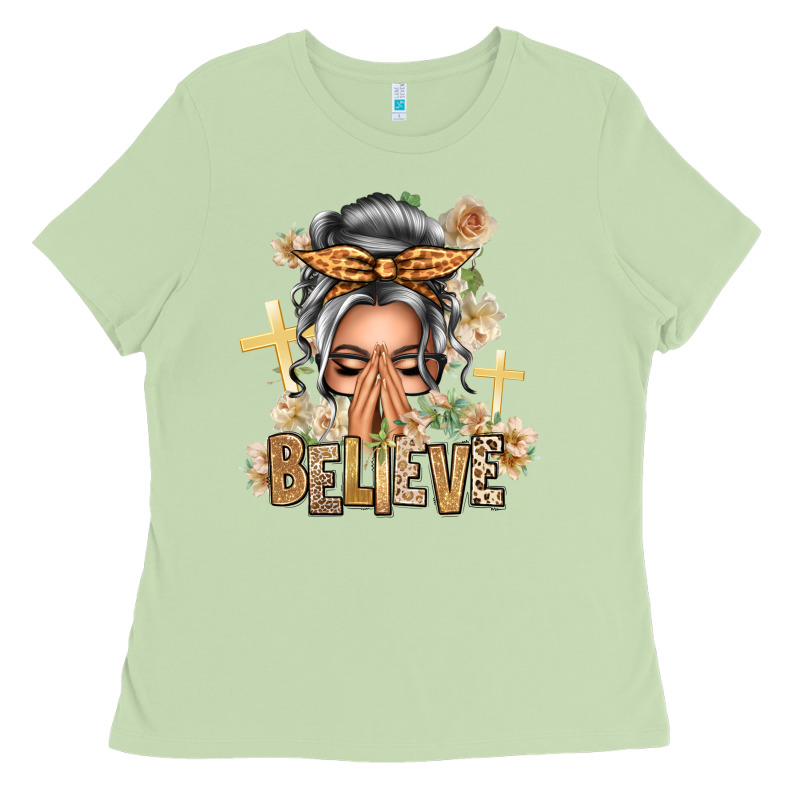 Silver White Believe Praying Caucasian Messy Bun Ladies Tee by texasbilliewilder | Teevron