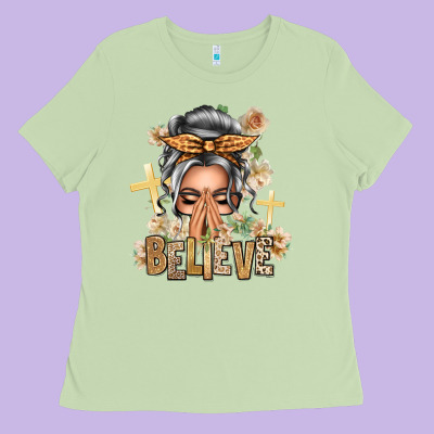 Silver White Believe Praying Caucasian Messy Bun Ladies Tee Designed By Texasbilliewilder