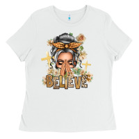 White Silver White Believe Praying Caucasian Messy Bun Ladies Tee - texasbilliewilder