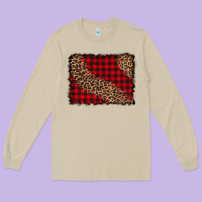 Leopard Buffalo Plaid Background Long Sleeve Tee Designed By Cowcowdesign