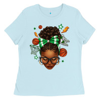 Baby Blue Afro Messy Bun Basketball Green Bow Ladies Tee - texasbilliewilder