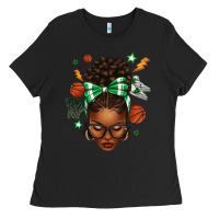 Afro Messy Bun Basketball Green Bow Ladies Tee | Teevron