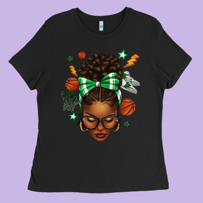Afro Messy Bun Basketball Green Bow Ladies Tee Designed By Texasbilliewilder