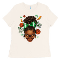 Bone Afro Messy Bun Basketball Green Bow Ladies Tee - texasbilliewilder