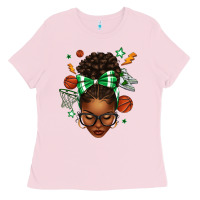 Bubblegum Pink Afro Messy Bun Basketball Green Bow Ladies Tee - texasbilliewilder