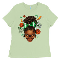 Matcha Afro Messy Bun Basketball Green Bow Ladies Tee - texasbilliewilder