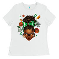 White Afro Messy Bun Basketball Green Bow Ladies Tee - texasbilliewilder
