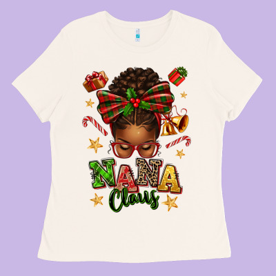 Nana Claus Afro Messy Bun Ladies Tee Designed By Texasbilliewilder