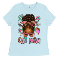 Baby Blue Afro Messy Bun Cat Mom Ladies Tee - texasbilliewilder