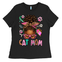 Black Afro Messy Bun Cat Mom Ladies Tee - texasbilliewilder