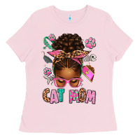 Bubblegum Pink Afro Messy Bun Cat Mom Ladies Tee - texasbilliewilder
