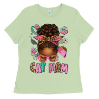 Matcha Afro Messy Bun Cat Mom Ladies Tee - texasbilliewilder