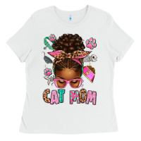 White Afro Messy Bun Cat Mom Ladies Tee - texasbilliewilder