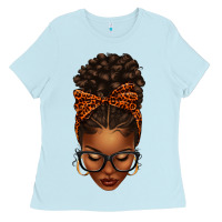 Baby Blue afro messy bun orange leopard bow Ladies Tee - texasbilliewilder
