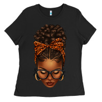 Black afro messy bun orange leopard bow Ladies Tee - texasbilliewilder