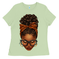 Matcha afro messy bun orange leopard bow Ladies Tee - texasbilliewilder
