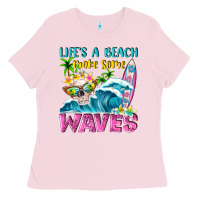 Bubblegum Pink Life's a beach make some waves Ladies Tee - NancyCooperArtShop