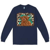Navy highland cow western background Long Sleeve Tee - RanaPortraitStore