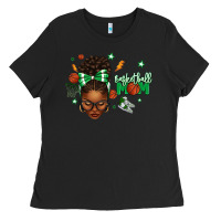 Black Afro Messy Bun Full Face Basketball Mom Ladies Tee - texasbilliewilder