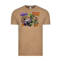 Vintage Coffee trick or treat with monster truck and t rex Vintage Tee - CowGirlArtShop