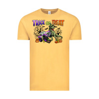 Vintage Mustard trick or treat with monster truck and t rex Vintage Tee - CowGirlArtShop
