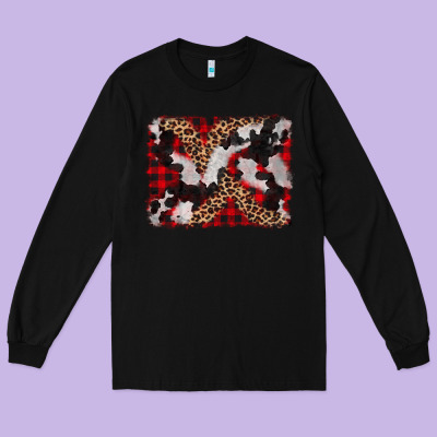 Cowhide Buffalo Plaid Leopad Background Long Sleeve Tee Designed By Cowcowdesign