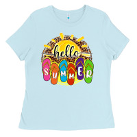 Baby Blue hello summer with flip flops Ladies Tee - NancyCooperArtShop