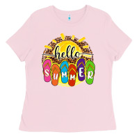 Bubblegum Pink hello summer with flip flops Ladies Tee - NancyCooperArtShop