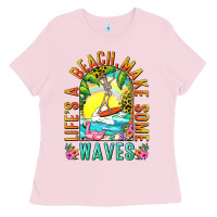 Bubblegum Pink Life's a beach make some waves Ladies Tee - NancyCooperArtShop