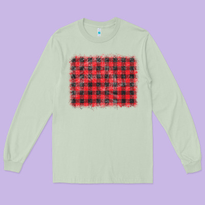Distressed Buffalo Plaid Background Long Sleeve Tee Designed By Cowcowdesign