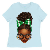Baby Blue Afro Messy Bun Green and White Bow Ladies Tee - texasbilliewilder