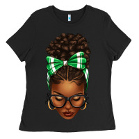 Black Afro Messy Bun Green and White Bow Ladies Tee - texasbilliewilder