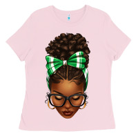 Bubblegum Pink Afro Messy Bun Green and White Bow Ladies Tee - texasbilliewilder