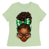 Afro Messy Bun Green And White Bow Ladies Tee | Teevron